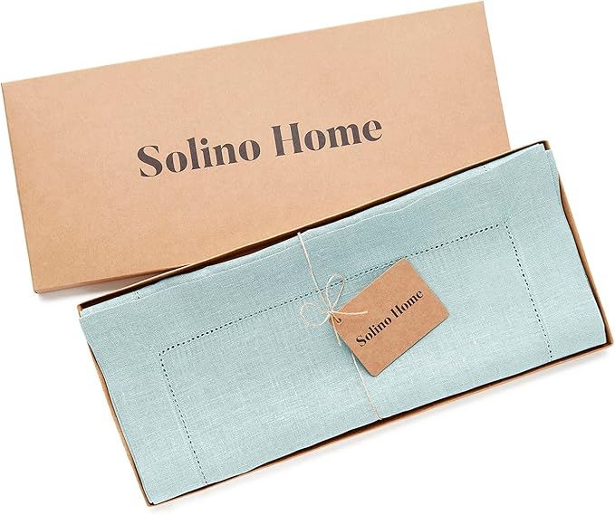 Solino Home 100% Pure Linen Table Runner Aqua Blue Hemstitch, 14 x 48 in | - Image 6