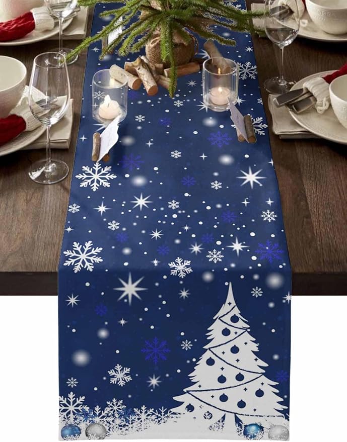 Navy Blue Christmas Tree Table Runner 70 Inches Long, Xmas Balls Snowflake by Unknown