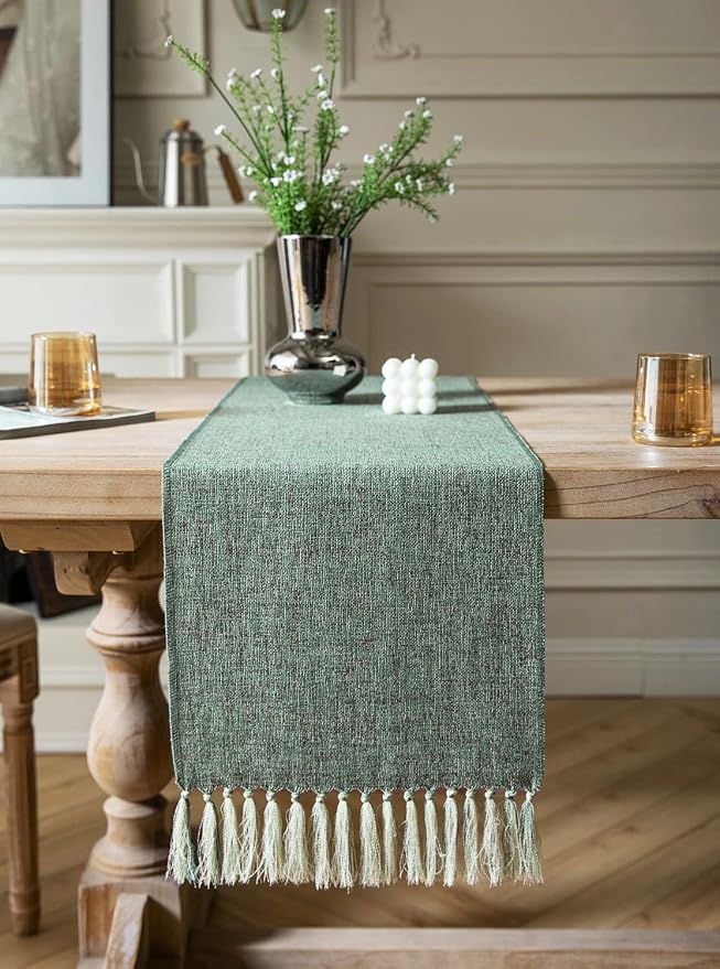 Green Table Runners 90 Inches Long, Burlap Linen Style Rustic Farmhouse Table - Image 2