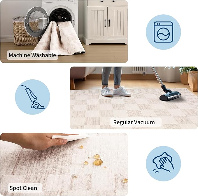 GarveeHome Beige Checkered Rug 2x3 Washable Rug Non-Slip - Image 8