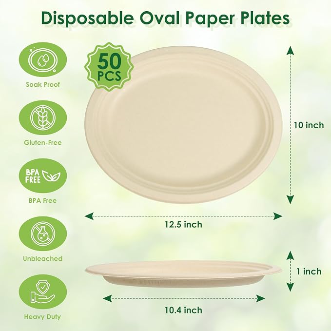 100% Compostable Oval Paper Plates, 12.5Inch 50Pack Disposable Heavy Duty - Image 2