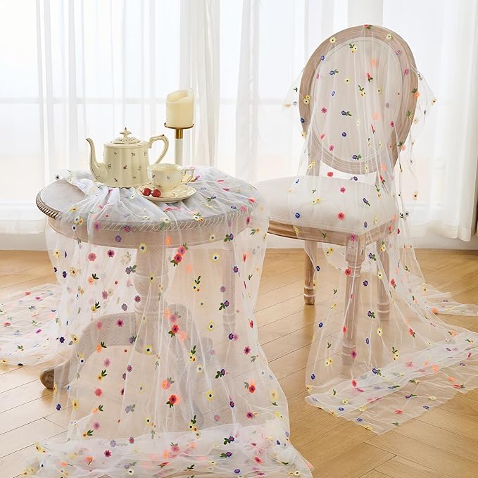 BINBE 1pcs Ivory Daisy Spring Table Runner Embroidery Gauze 10FT Florals - Image 5