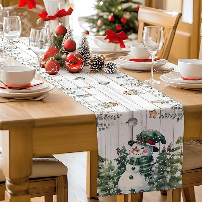 Christmas Snowman Table Runner 48 Inches Long, Xmas Trees Eucalyptus Leaves - Image 9