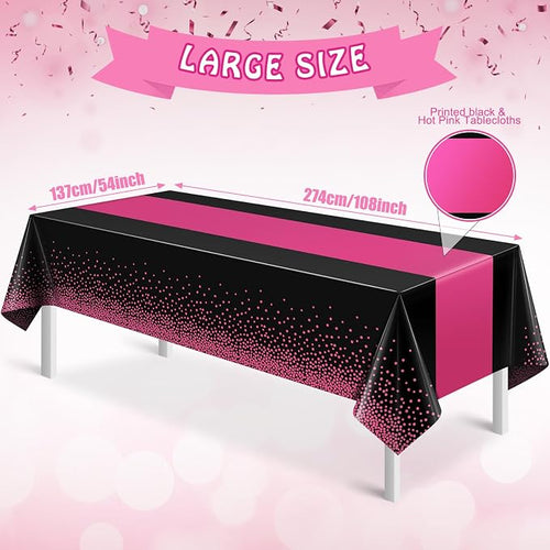 3Pcs Black Hot Pink Tablecloth Party Decorations, Plastic Black Table Cloth - Image 2