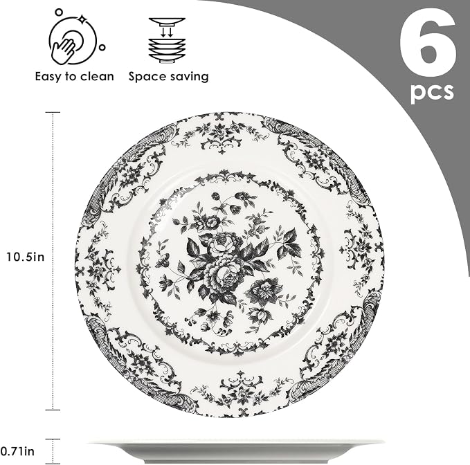 Dinner Plates Set of 6, 10.5 inch Rose Floral Plate, Microwave Safe - Image 2