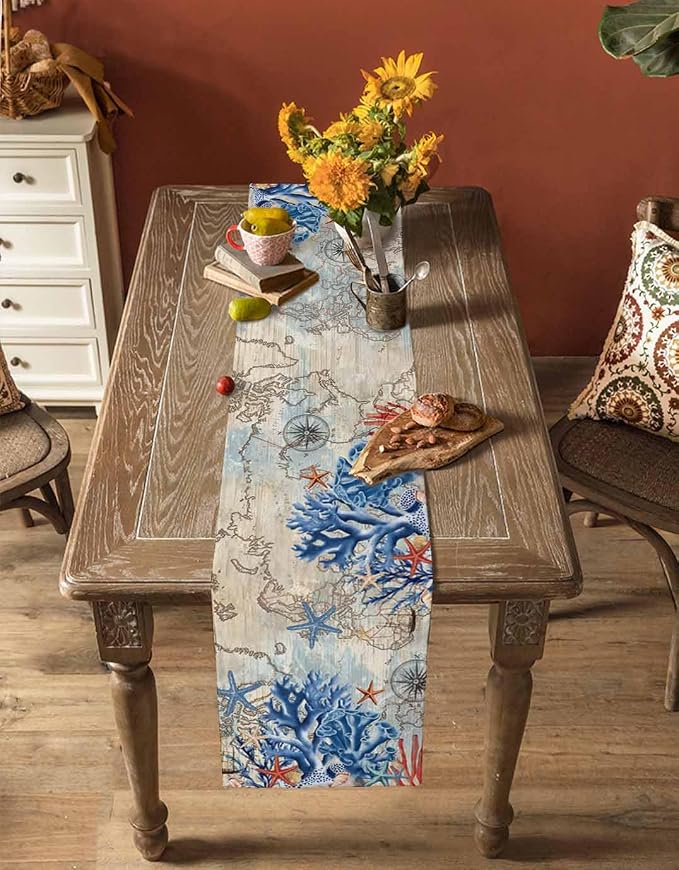 Navy Blue Coral Table Runners 70 Inches Long, Vintage Coastal Nautical Table - Image 4