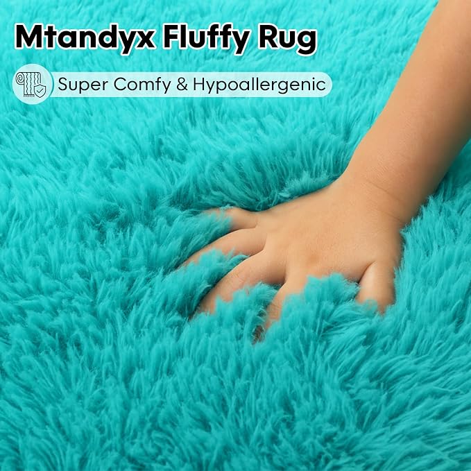 Teal Blue Plush Rug 9x12, Fluffy Shag Carpet Non-Slip, Area Rug - Image 2