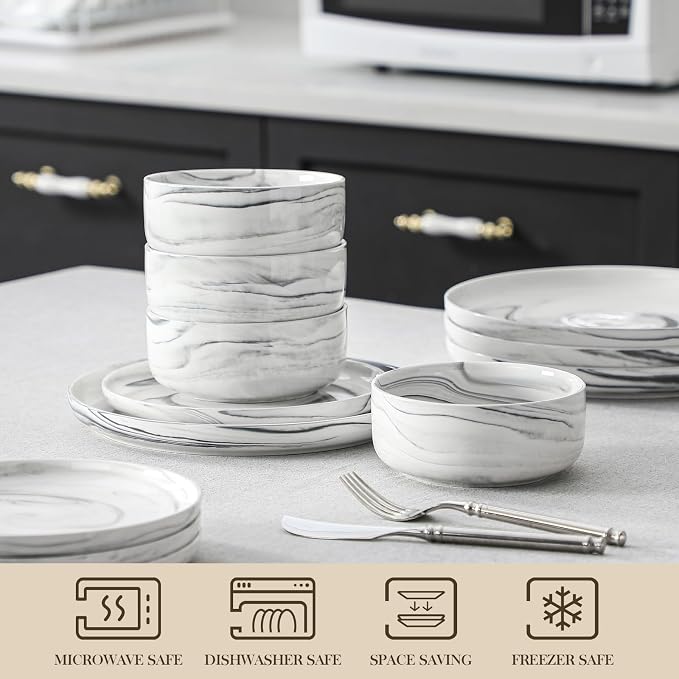 MALACASA 12 Pcs Porcelain Plates and Bowls Sets, Dinnerware Set - Image 4