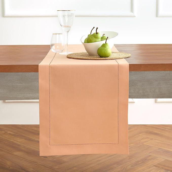 Solino Home Cotton Linen Dining Table Runner Peach Hemstitch, 14 x 90 in | by SolinoHome