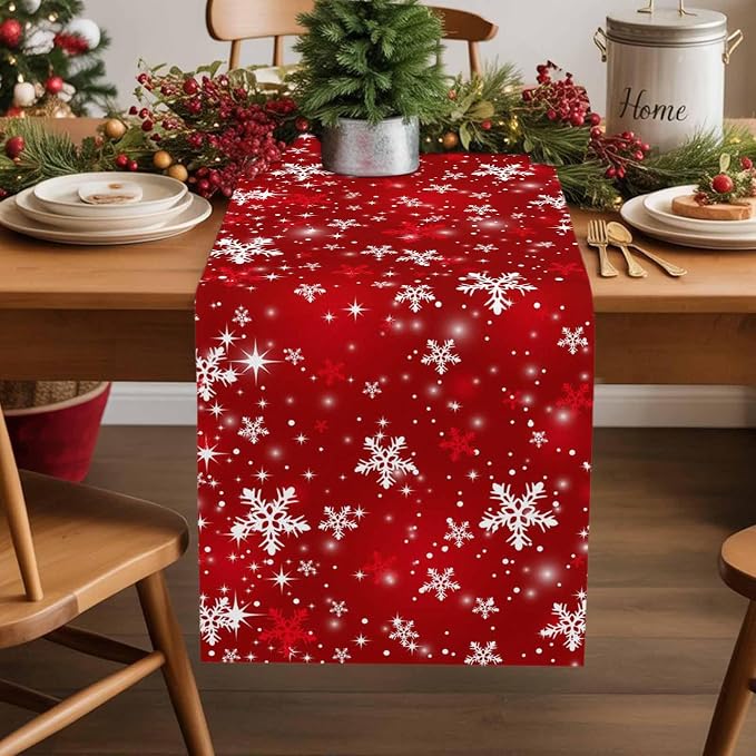 Red Christmas Table Runners 70 Inches Long, Cotton Linen Fabric Snowflake Table - Image 5