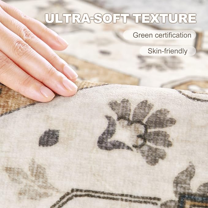 5x7 Washable Area Rug: Vintage Neutral Soft Non Slip Thin Large Floor Carpet - Image 6