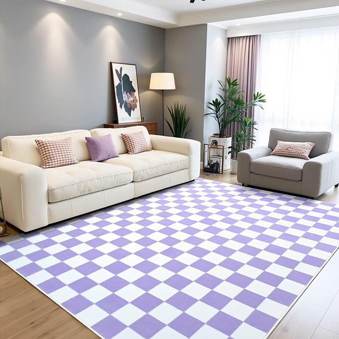 Terrug Purple and White Checkered Rug by TerrugHomeDecor