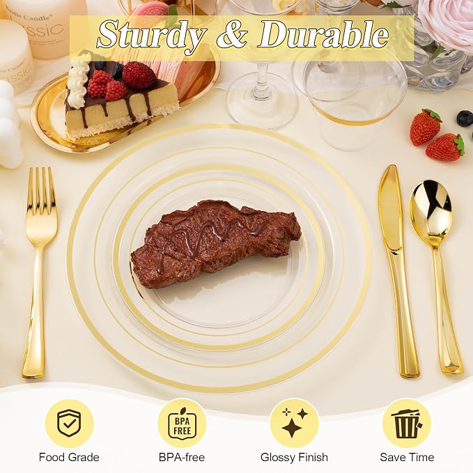 BESTSTAR 200PCS Clear Gold Plastic Plates Set | 100 10.25 inch Dinner Plates - Image 4