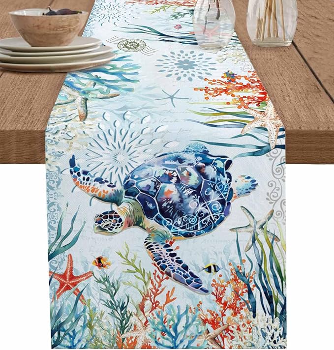 Sea Turtle Coastal Table Runners 36 Inches Long, Summer Beach Coral Table by Unknown
