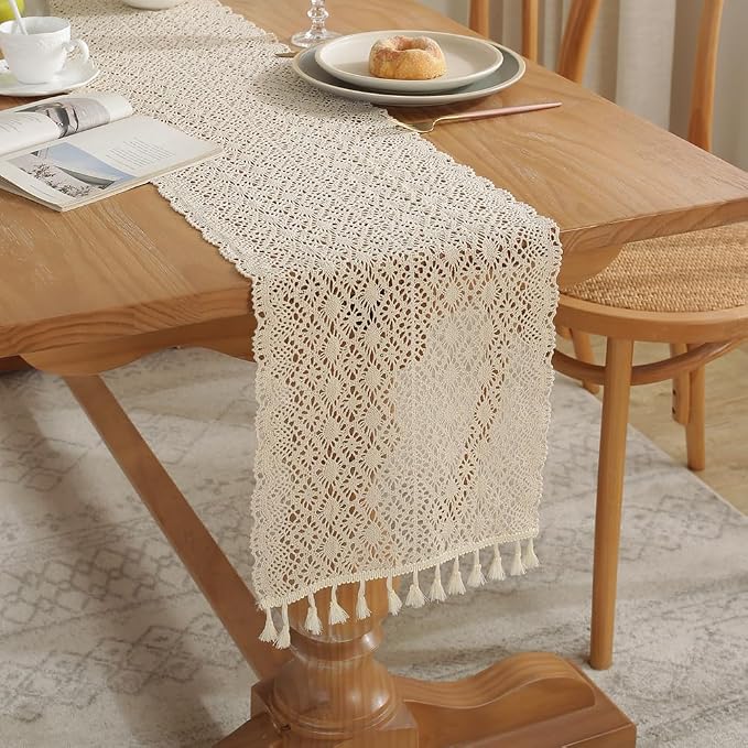 meioro Crochet Lace Table Runner, 12x64 Inch Boho Cotton Table Runners by meioro