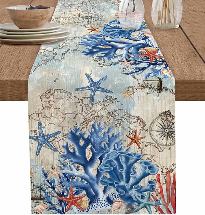 Navy Blue Coral Table Runners 72 Inches Long, Vintage Coastal Nautical Table by Unknown