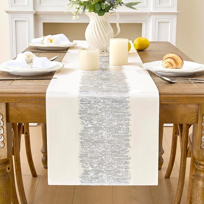 Metallic Style Silver Table Runner, Table Runners 72 Inches Long | Cotton Linen by Aiimart