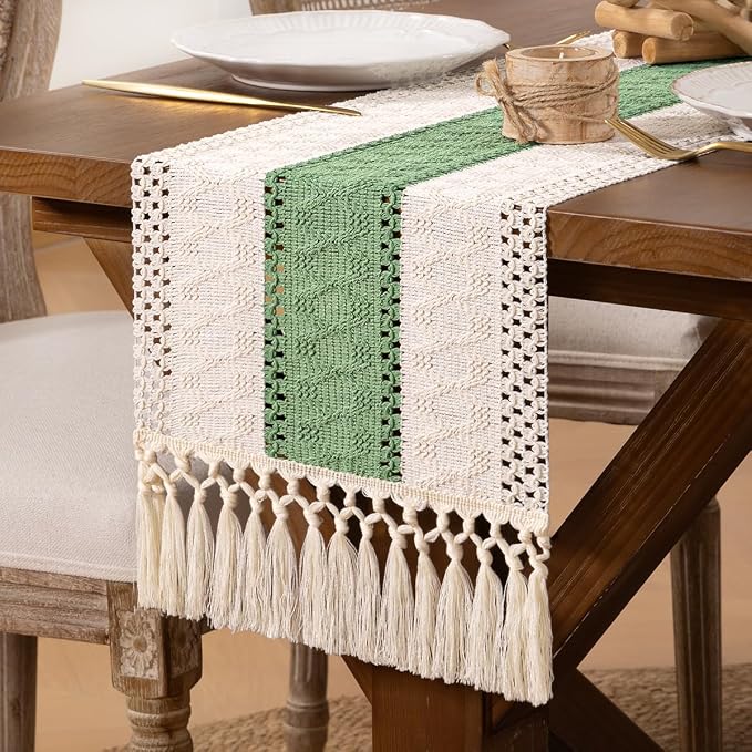 DeZerlor Ivory&Sage Green Boho Macrame Farmhouse Woven Table Runner 108In | by DeZerlor