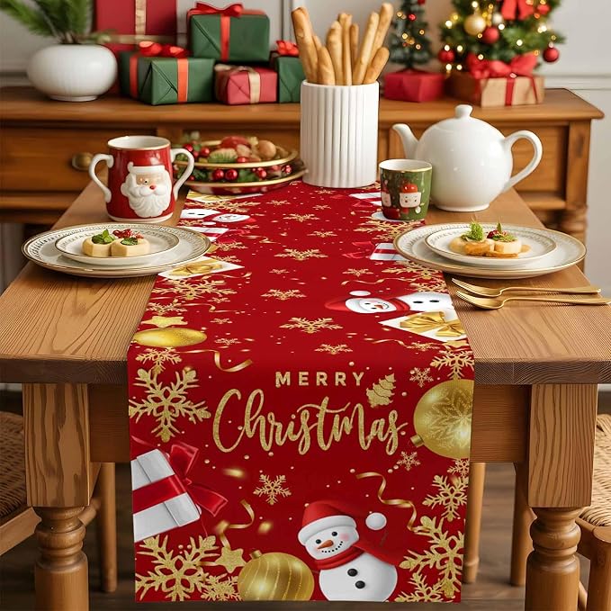 Merry Christmas Table Runner 48 Inches Long, Xmas Balls Snowman Snowflake Table - Image 5