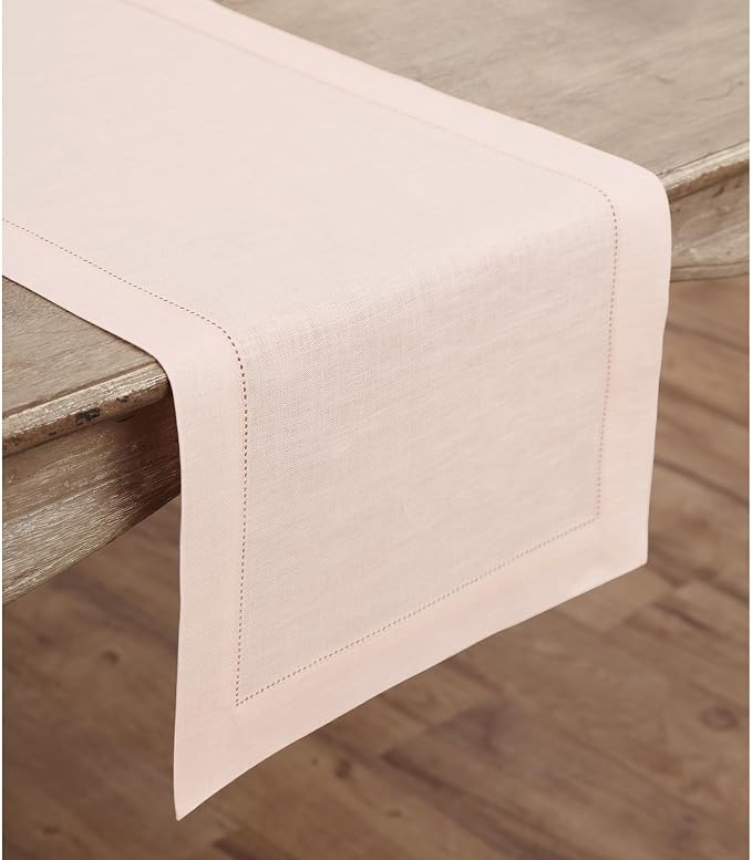 Solino Home 100% Pure Linen Dining Table Runner Pink Hemstitch, 14 x 132 in | - Image 2