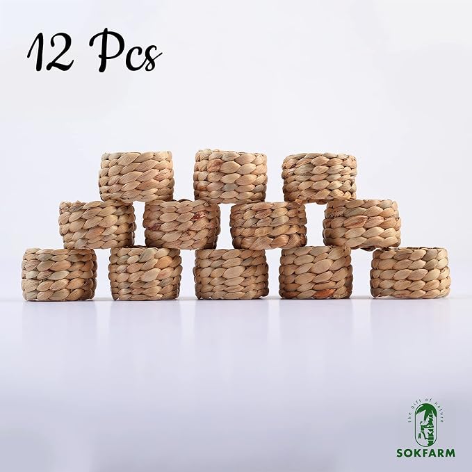 12 Pcs Round Woven Napkin Rings, Water Hyacinth Rattan Napkin Rings Set of 12 - Image 3