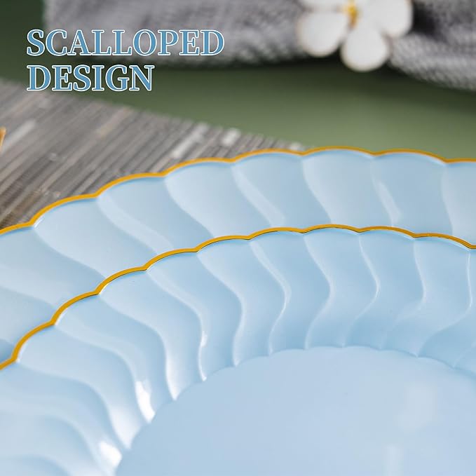 Lullaby 60PCS Light Blue Scalloped Plastic Plates - Image 3