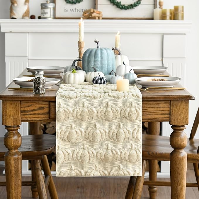 Artoid Mode Beige Soft Faux Fur Pumpkins Fall Table Runner 13x48 Inch | - Image 6