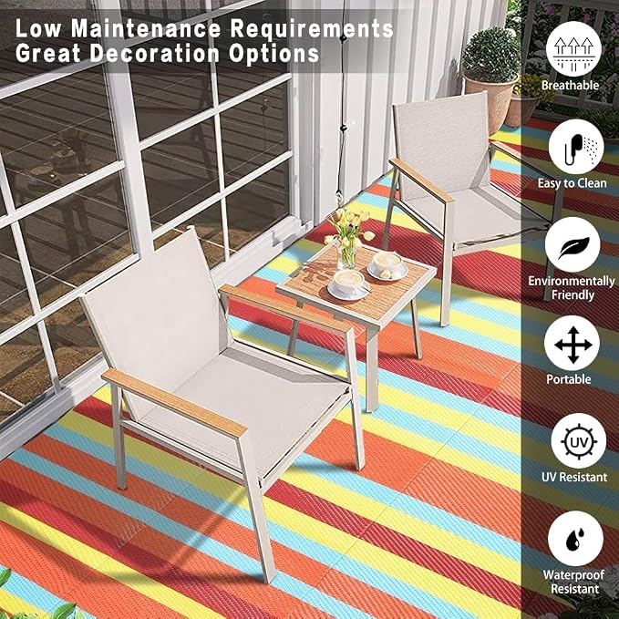 HUGEAR Outdoor Waterproof Rug 9'x12' Plastic Straw Rugs Washable Reversible - Image 3