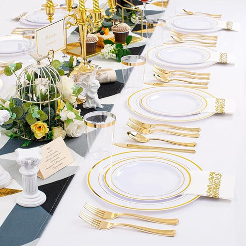 350 Pieces White and Gold Plastic Plates - Image 2