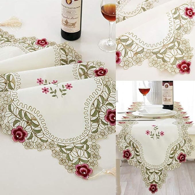 LeLehome 15 X 112 Inch Classic Table Runner, Flowers Embroidery Lace Beige - Image 2