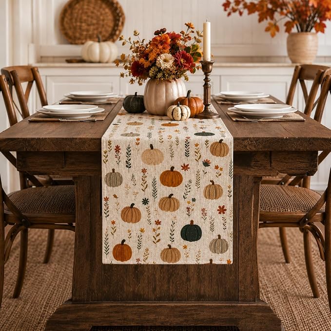 Fall Table Runner 13×36 Inch, Watercolor Pumpkin Floral Autumn Table Decor | by Unknown