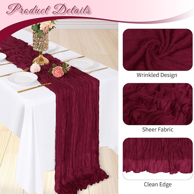 6 Pack Burgundy Cheesecloth Table Runner, 17 x 108 inch, Semi Sheer Boho Cheese - Image 4