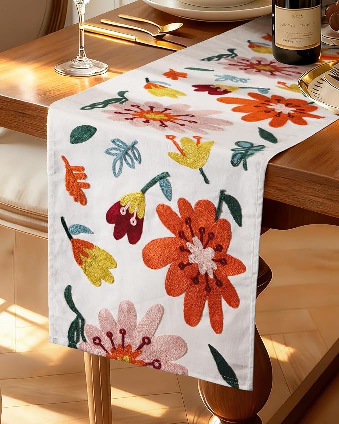Canvas Embroidered Narrow 13"x 90" Table Runner, Colorful Flower | Exquisite by Kokaaee