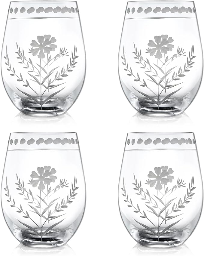 Joeyan Hand Blown Etched Stemless Wine Glasses, Carved Red and White Wine by JoeyanHousehold