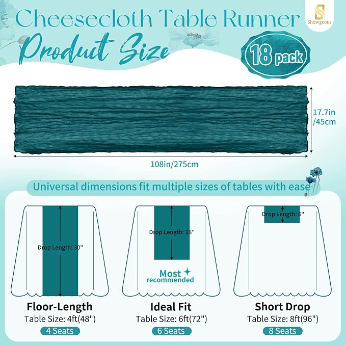 Showgeous 18 Pack Teal Cheesecloth Table Runner, 17 x 108 Inches | Boho - Image 2