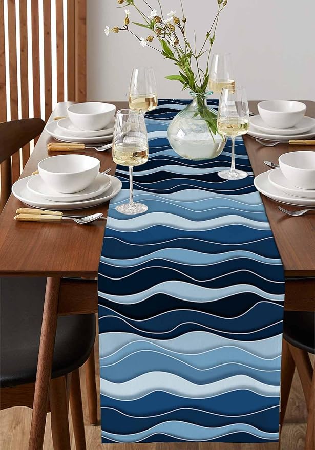 Abstract Blue Moire Table Runners 90 Inches Long, Cotton Linen Fabric Table - Image 2