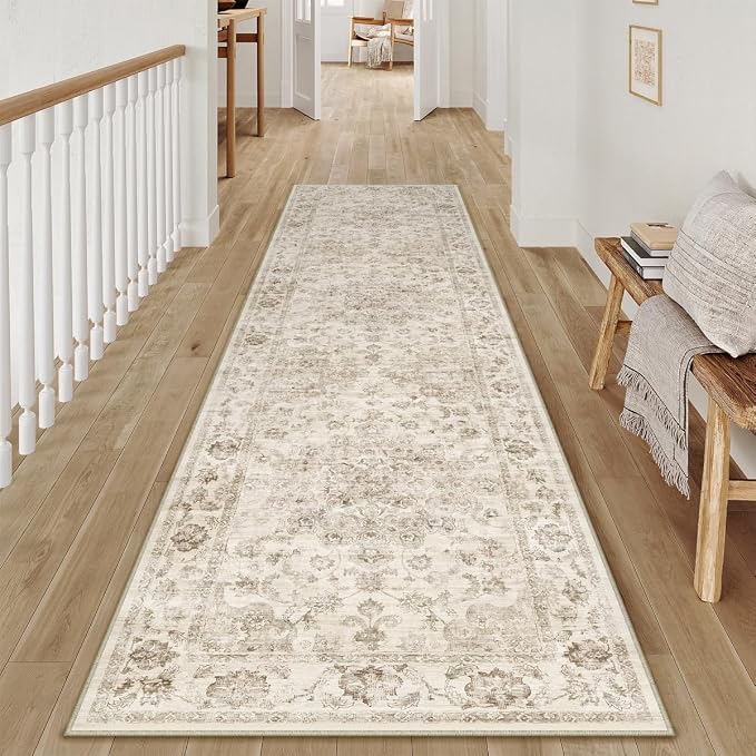 2x7 Washable Neutral Runner Rug Beige Vintage Hallway Kitchen Carpet Non-Slip - Image 2