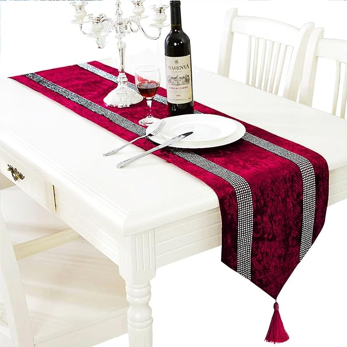 Glam Burgundy Table Runner, Bling Sequin Rhinestone, Ombre Velvet, Modern Style by Jiino
