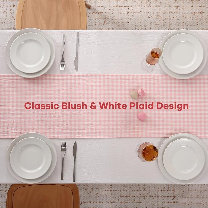 Peachy Blush White Plaid Gingham Ruffle Table Runner 108 inches Long 100% - Image 4