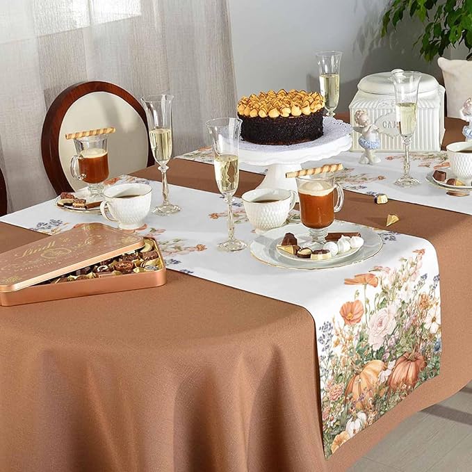 Fall Windflowers Pumpkin Short Table Runners 36 Inches, Cotton Linen Fabric - Image 5