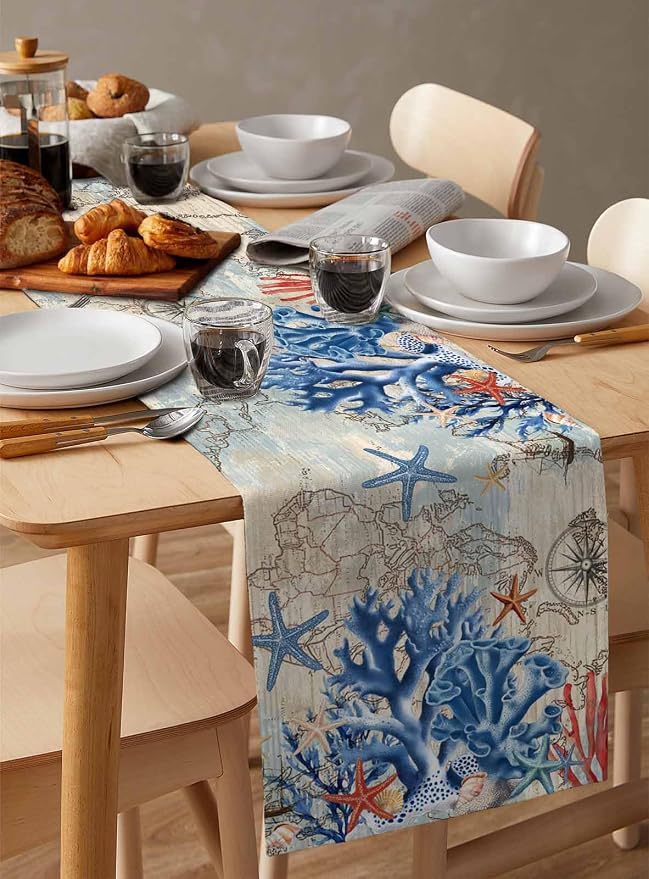 Navy Blue Coral Table Runners 70 Inches Long, Vintage Coastal Nautical Table - Image 3