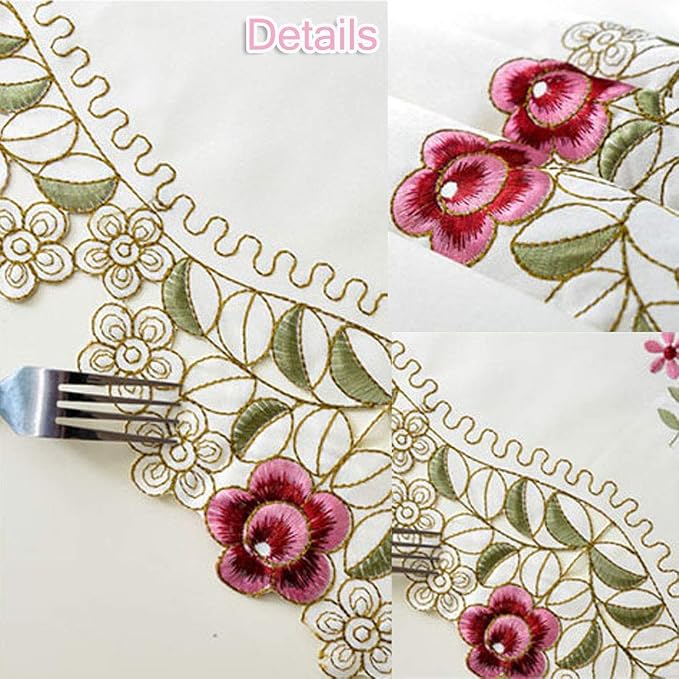 LeLehome 15 Inch X 58 Inch Classic Beige Table Runner, Flowers Embroidered Red - Image 3