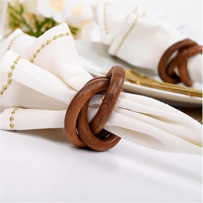 Brown Wood Napkin Rings Set of 8, 3-Ring Rustic | Natural wood, smooth edges by CLEENTABLE