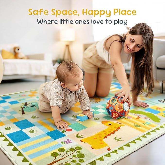 4x6 Washable Kid Playroom Rug, Unisex Green Safari Jungle Woodland Animal - Image 5