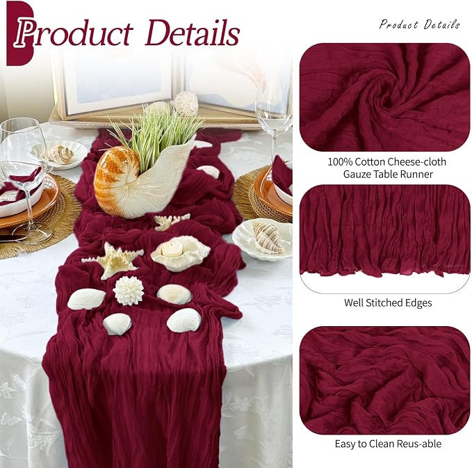 3 Pack Burgundy Cheesecloth Table Runner 17x108 Inch Semi Sheer Boho Gauze - Image 5