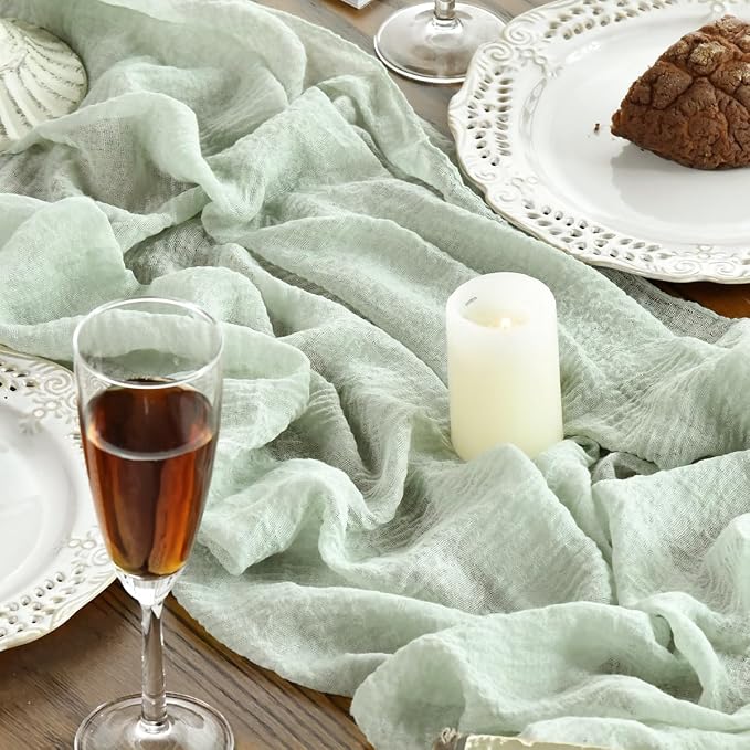 Artoid Mode Boho Sage Green Gauze 6 Pieces Wedding Table Runner, 120 Inch - Image 2
