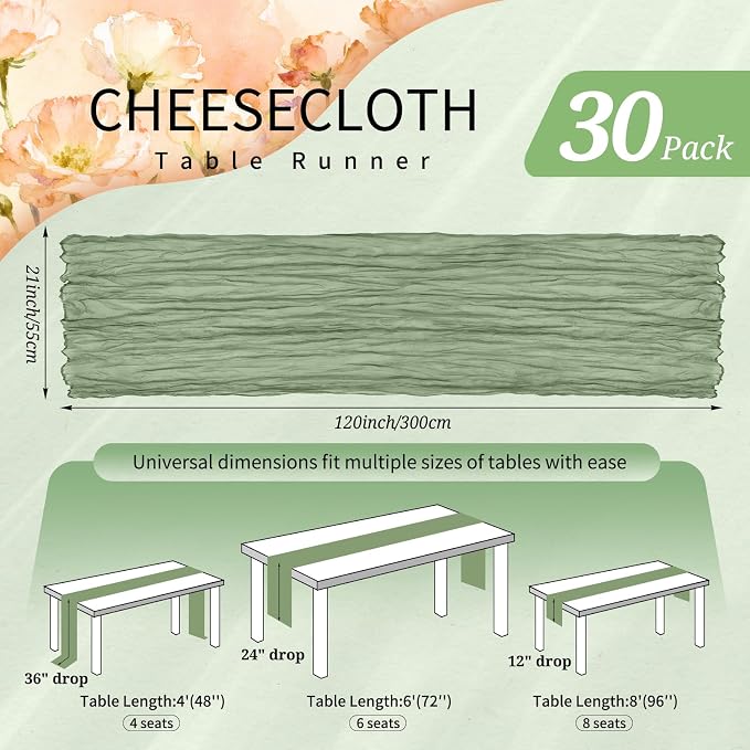 30 Pack Cheesecloth Table Runner 10FT Sage Green Table Runner Boho Gauze Cheese - Image 2