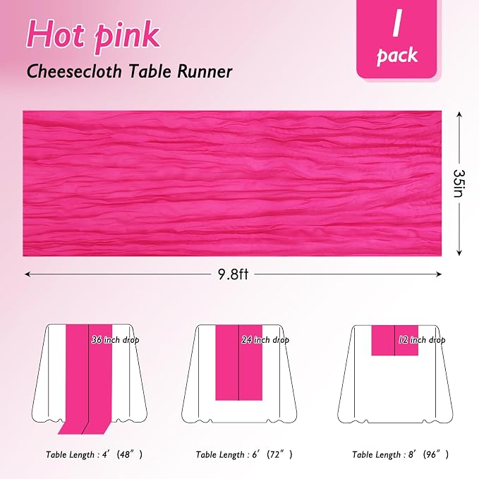 1 Pack Hot Pink Cheesecloth Table Runner 120 Inch Boho Wedding Decor | - Image 2