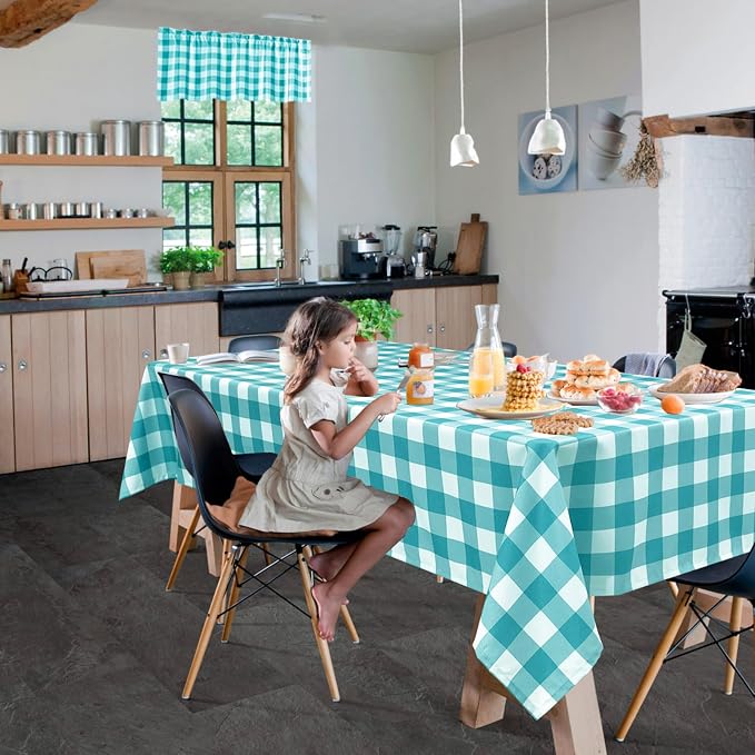 Plaid Tablecloth 2 Pack, 60 x 120 inch, Turquoise and White | Waterproof - Image 6