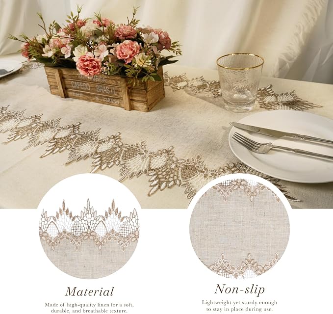 Phantomon Neutral Linen Table Runner 51 Inches Beige Embroidered Runner Lace - Image 2